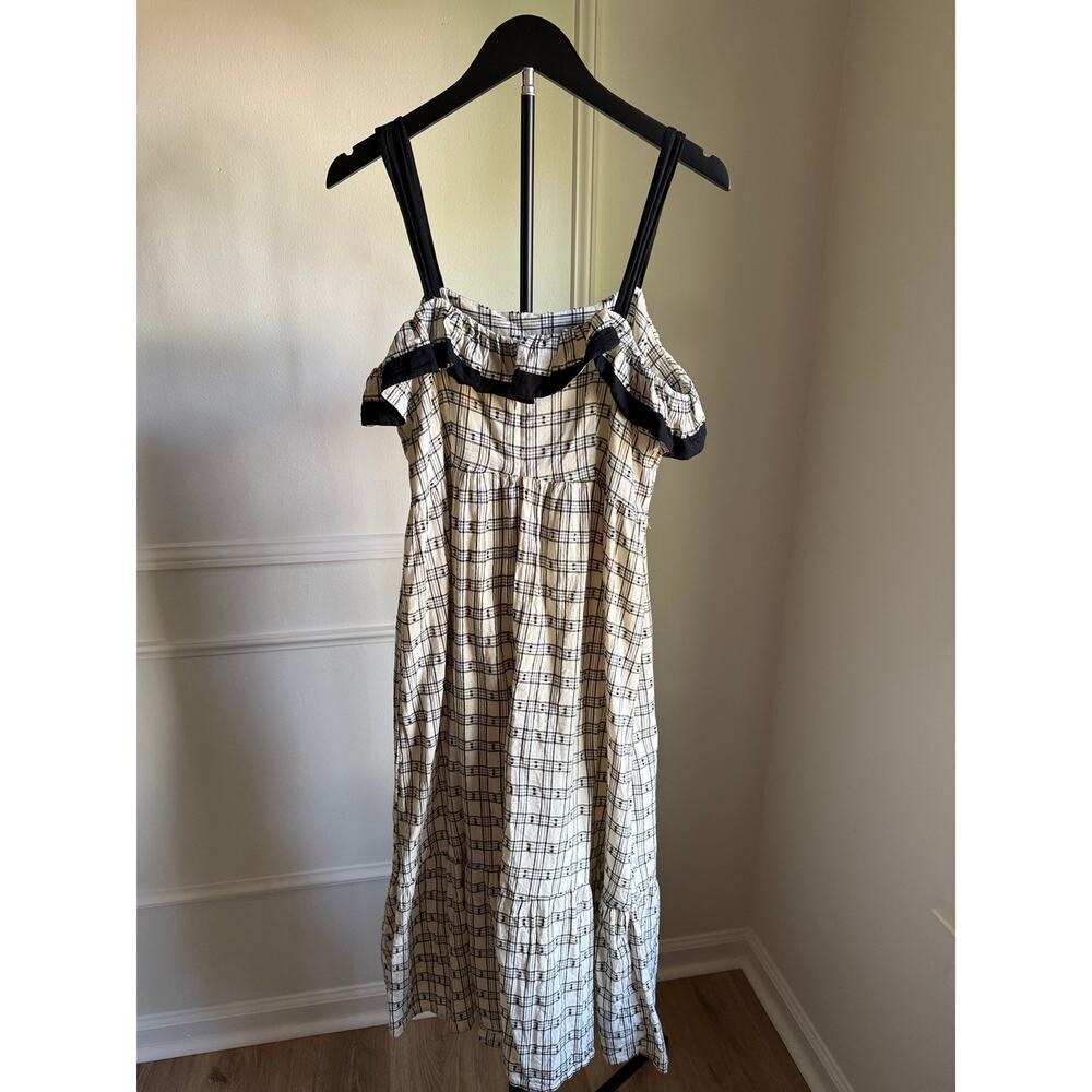 LOFT Plaid Cotton Midi Dress Size 6 Cream Black Tiered Prairie Cottagecore - Picture 2 of 4